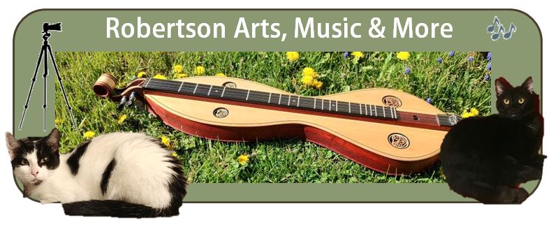 Dulcimer with 2 cats and text: Robertson Arts, Music & More