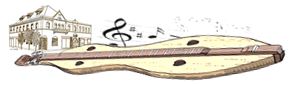 dulcimer with music notes and Harrington Opera House Logo